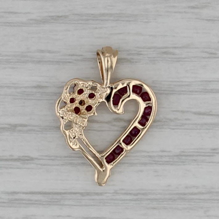 0.55ctw Ruby Flower Heart Pendant 10k Yellow Gold Diamond