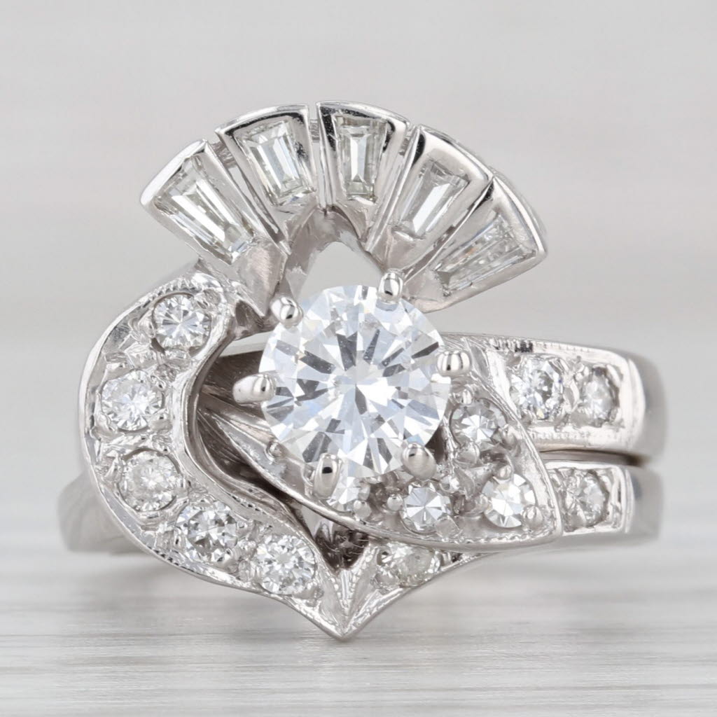 Light Gray Retro 1.12ctw Diamond Engagement Ring Wedding Jacket 14k White Gold Bridal Set