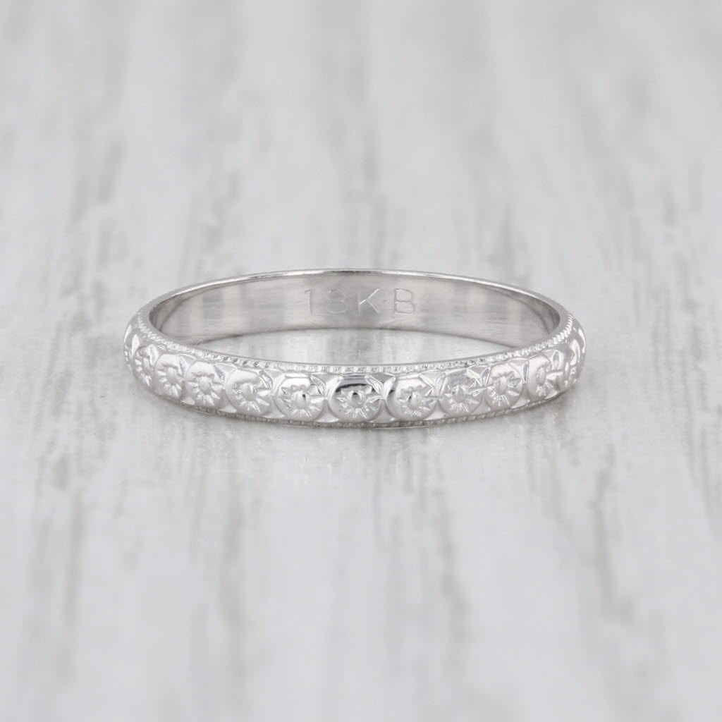 Art Deco Die Struck Floral Pattern Ring 18k White Gold Sz 5.5-5.75 Wedding Band