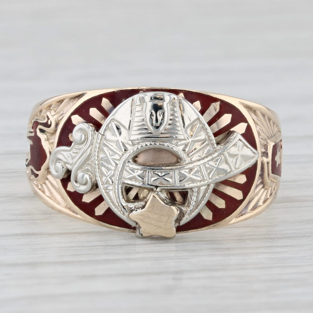 Light Gray Vintage Masonic Shriners Ring Scimitar Crescent Camel Fez Size 9 10k Gold