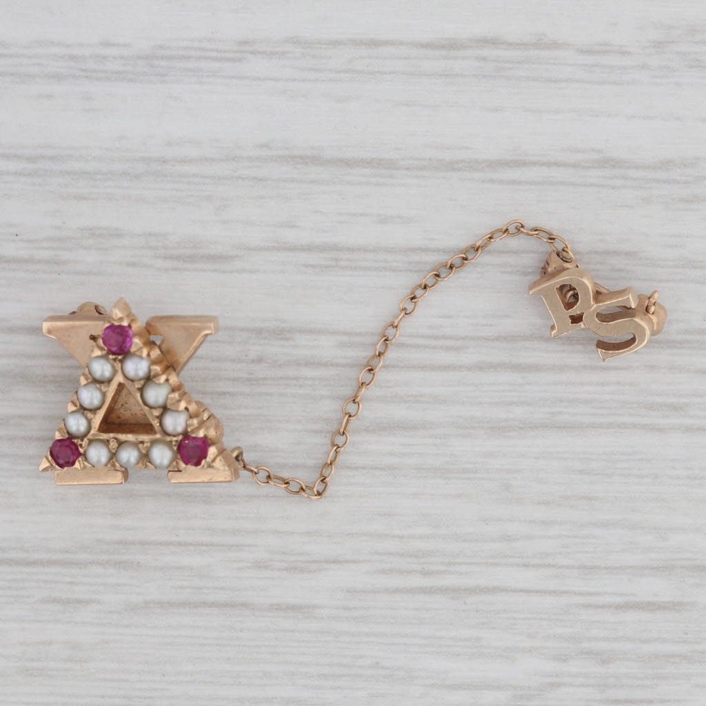 Gray Delta Chi Badge 10k Gold Pearl Lab Created Ruby Vintage Fraternity Pin