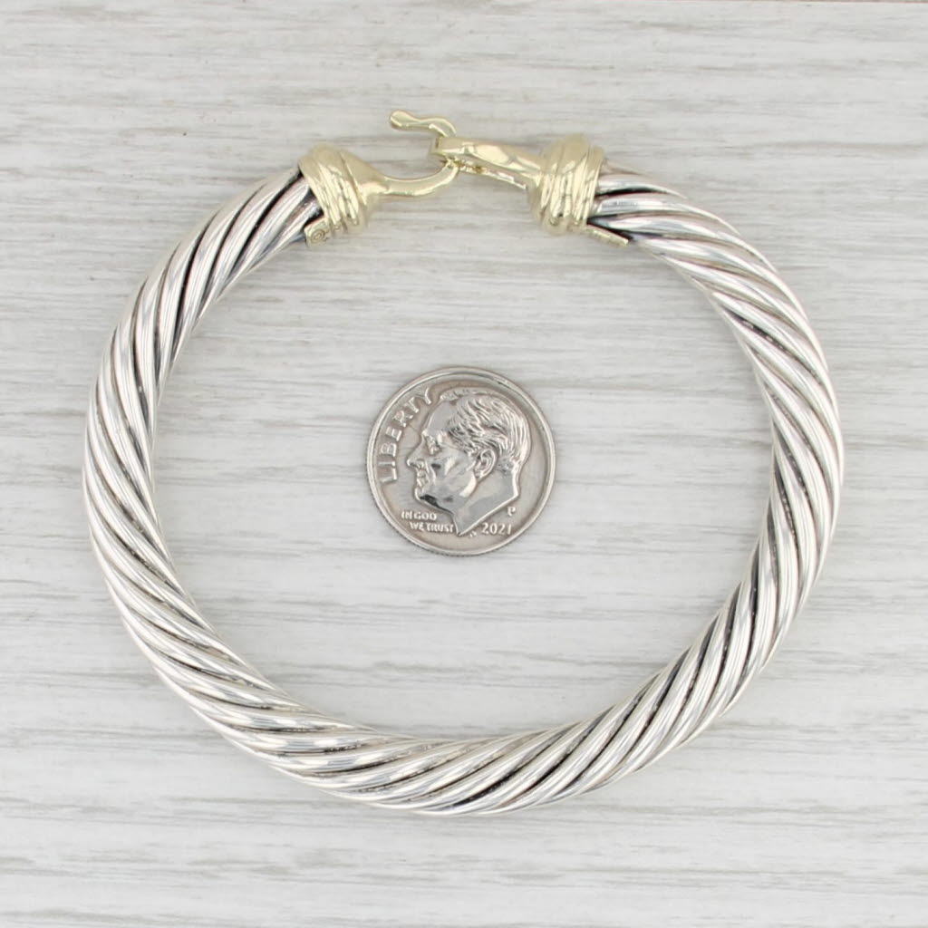 6.5" Cable Bangle Bracelet Sterling Silver 14k Gold Hook Clasp 7.3mm
