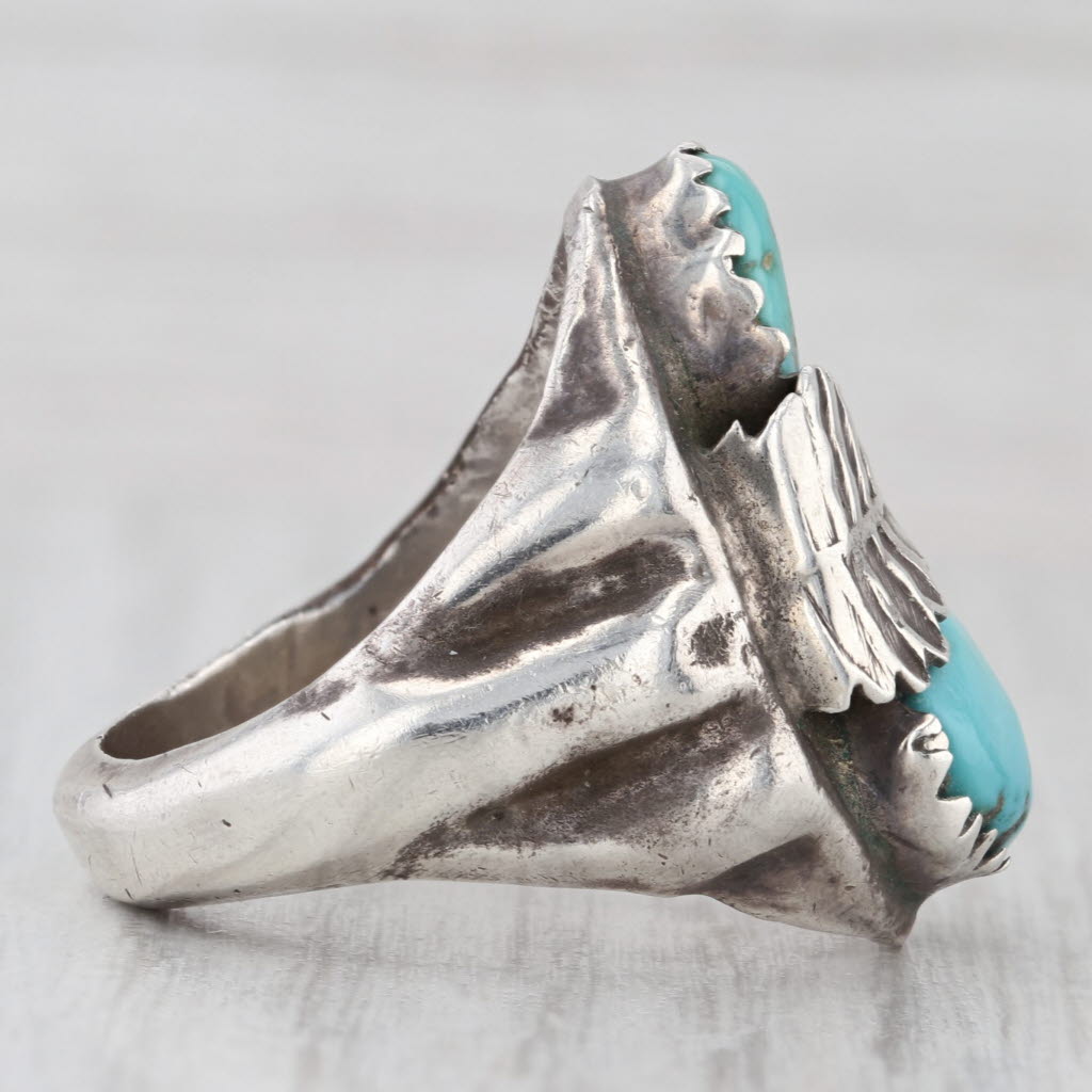 Vintage Native American Turquoise Cabochon Leaf Ring Sterling Silver Size 10