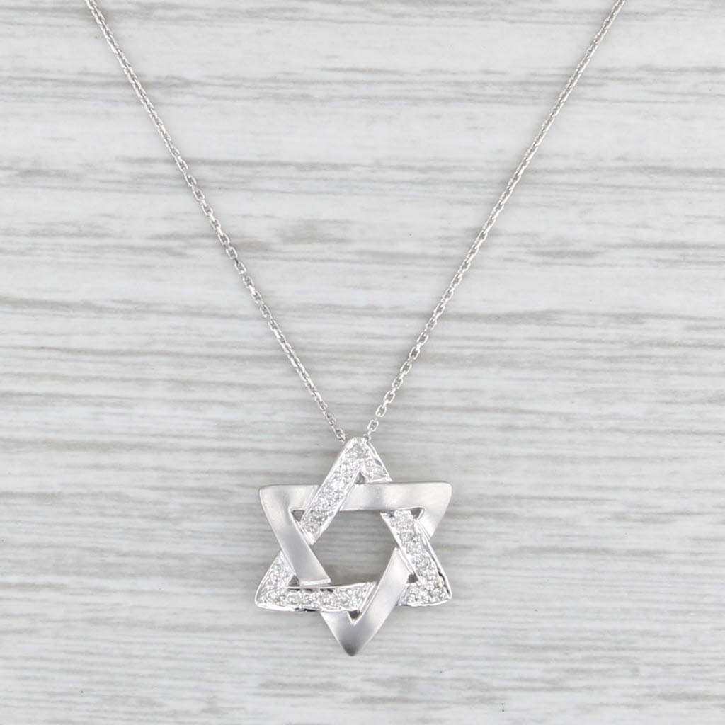 Diamond Hebrew Star Pendant Necklace 14k White Gold 16" Cable Chain