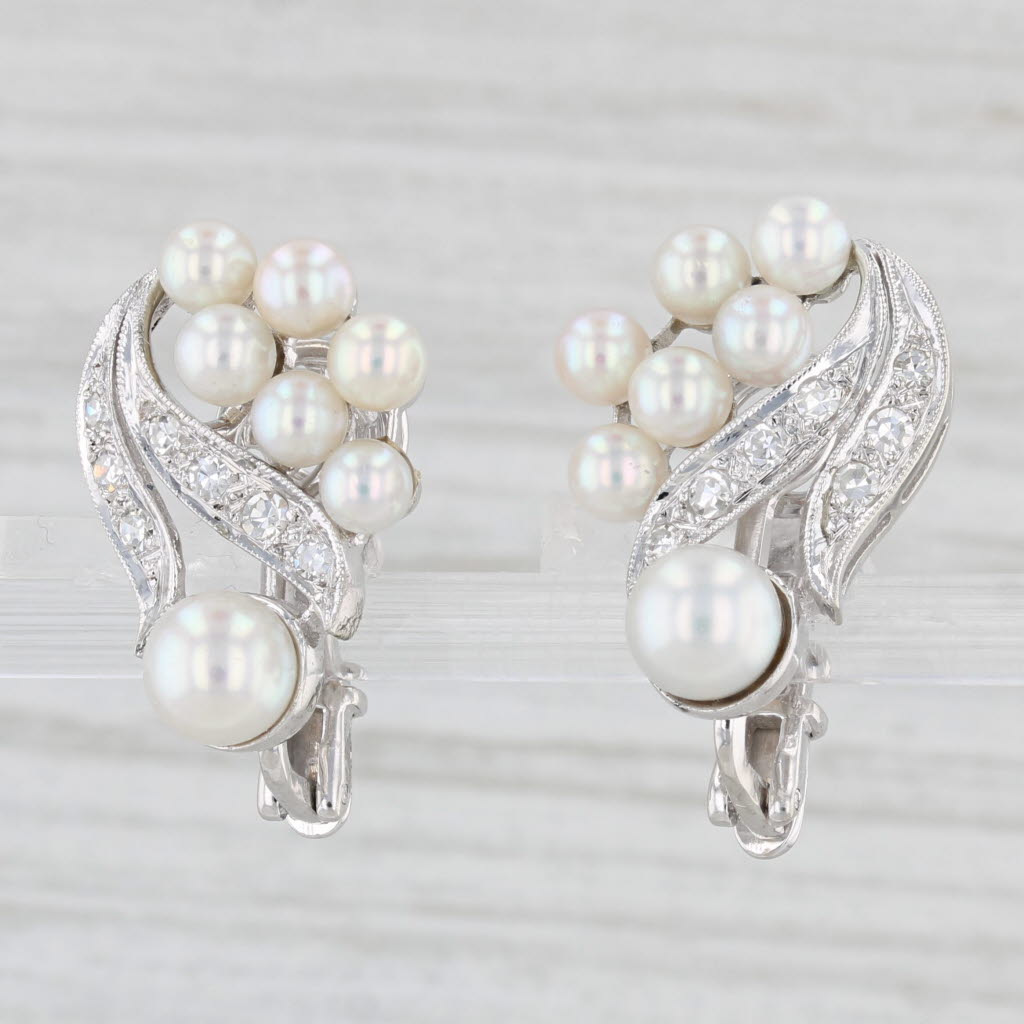 Light Gray Cultured Pearl Diamond Earrings 14k White Gold Clip On Non Pierced