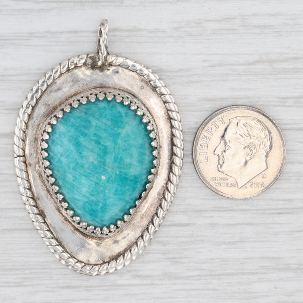 Light Gray Amazonite Pear Cabochon Pendant Sterling Silver Vintage Native American Signed
