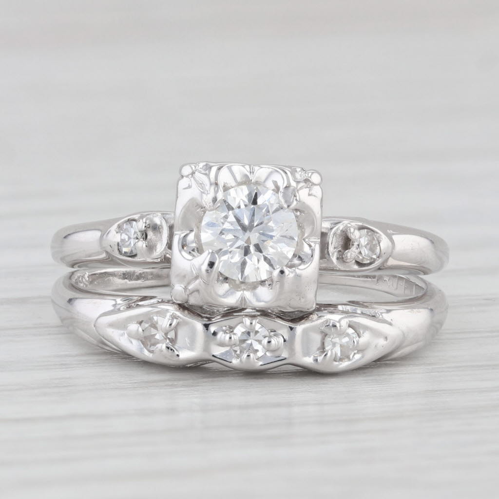 Light Gray Vintage 0.49ctw Diamond Engagement Ring Wedding Band Bridal Set 14k White Gold