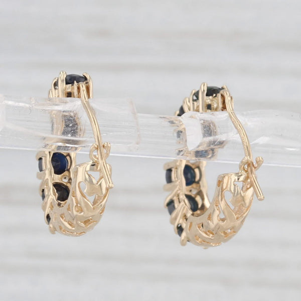1.60ctw Blue Sapphire Small Hoop Earrings 14k Yellow Gold Snap Top Round Hoops