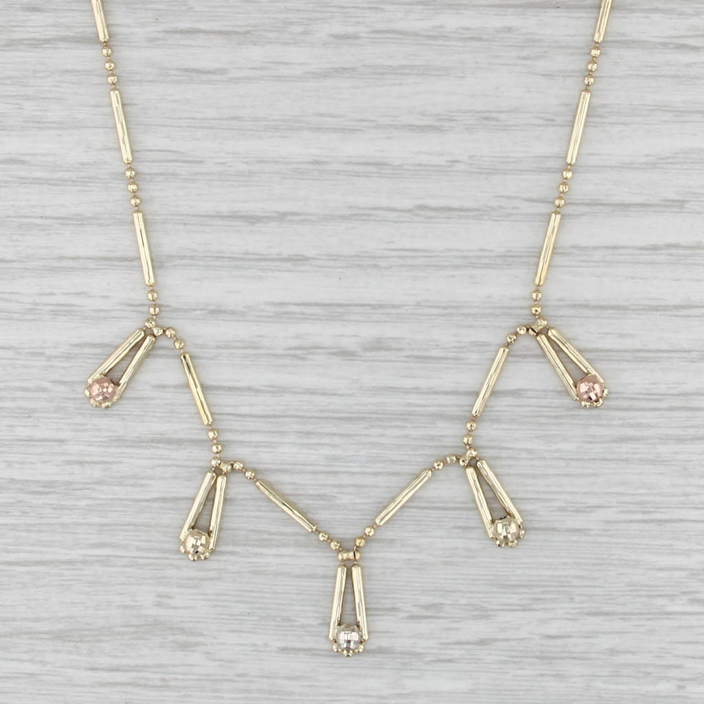 Bar Bead Link Teardrop Fringe Necklace 14k Yellow White Rose Gold 17"