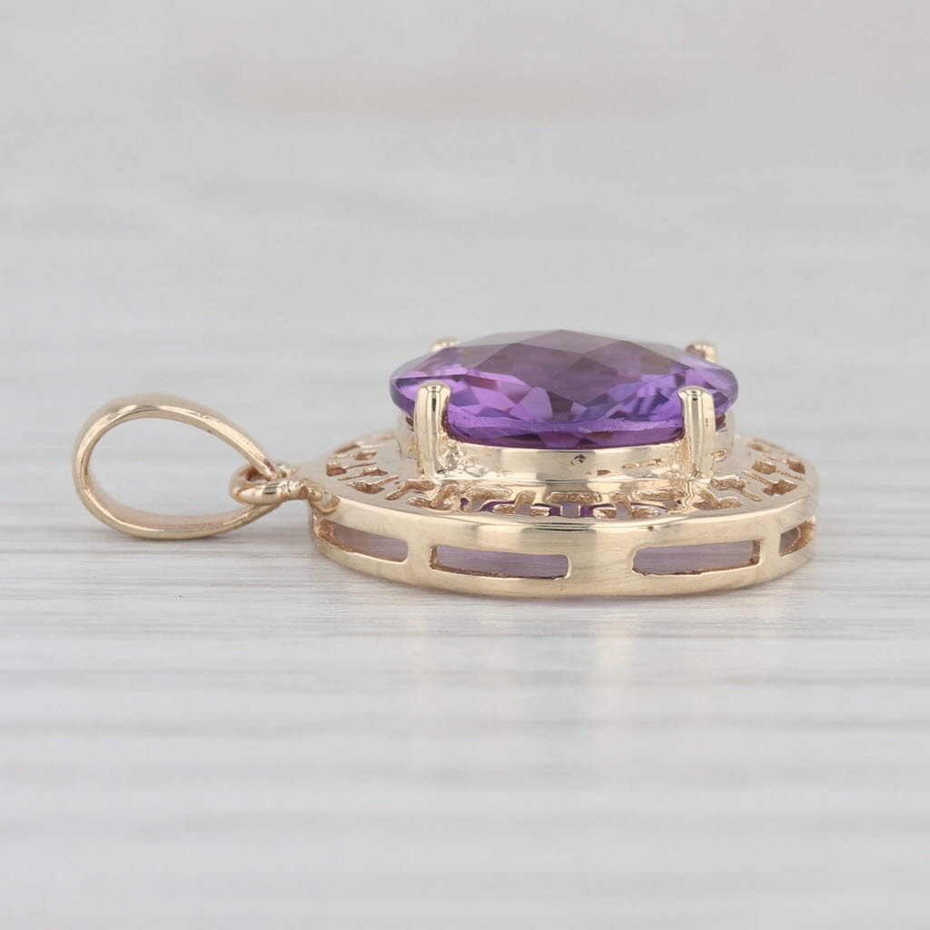Light Gray 5ct Round Amethyst Solitaire Pendant 10k Yellow Gold Greek Key Pattern