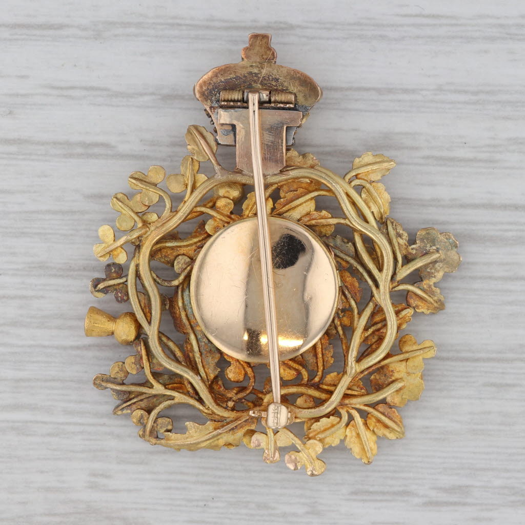 Gray Antique Floral Picture Brooch 14k-20k Gold Glass 1800s Pin Opens Crowned Wreath
