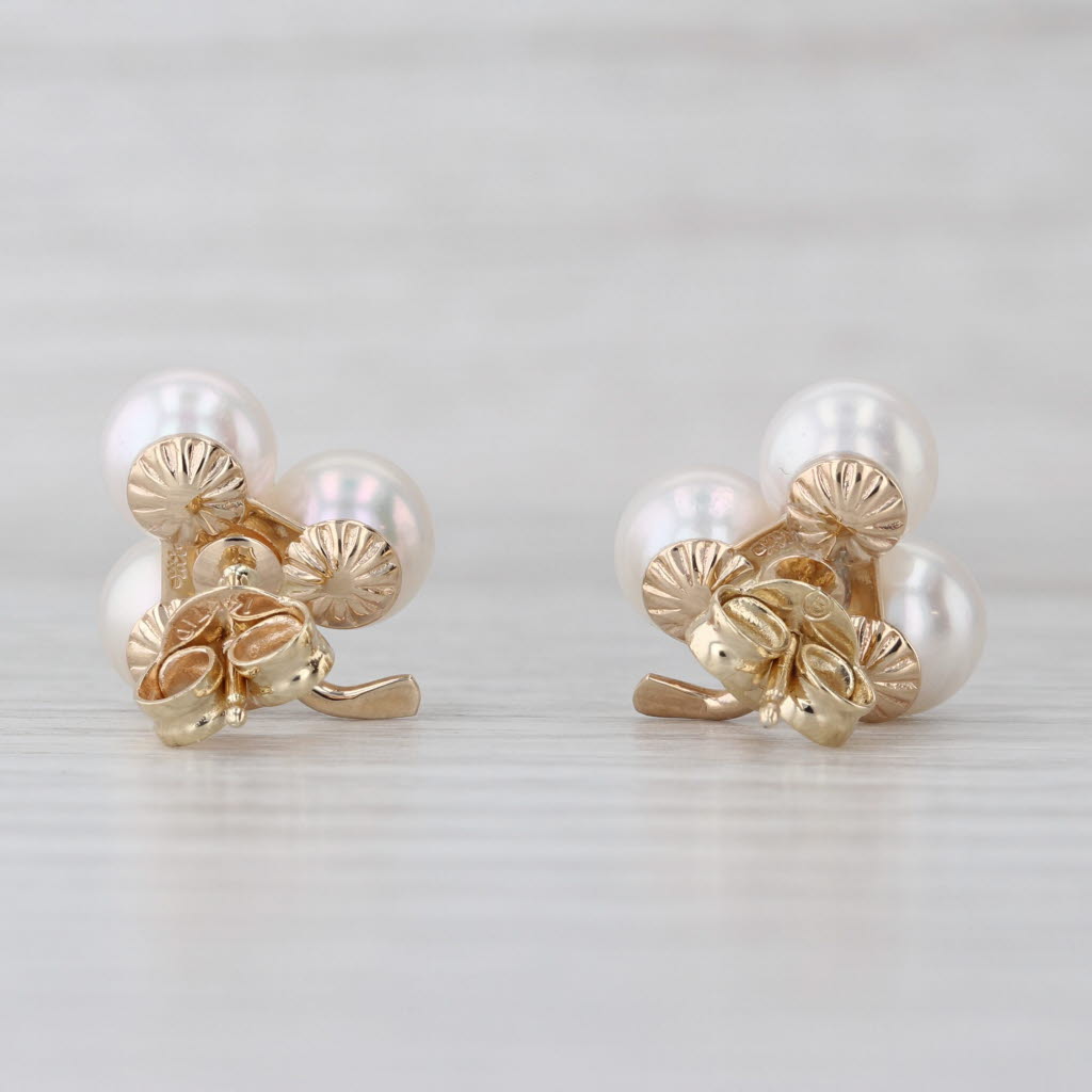 Cultured Pearl Diamond Clover Flower Cluster Stud Earrings 14k Yellow Gold Studs