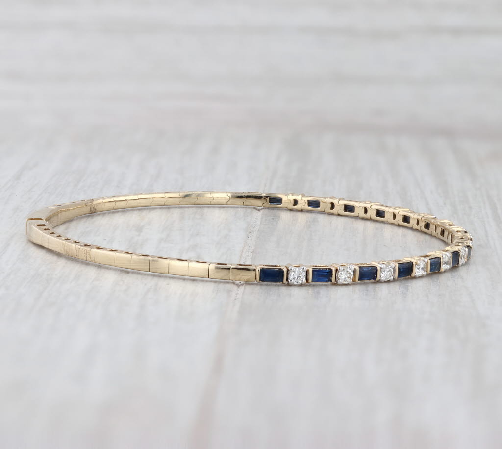 New 1.92ctw Blue Sapphire Diamond Flexible Bangle Bracelet 14k Yellow Gold 6.75"