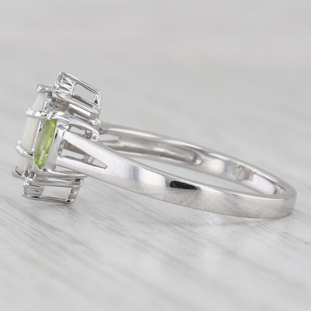 Light Gray Opal Peridot Diamond Ring 14k White Gold Size 7 Marquise Cabochon