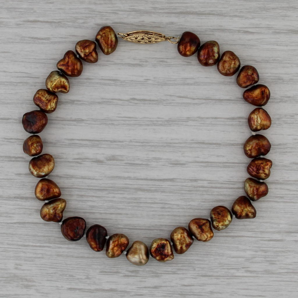 Brown Cultured Pearl Single Strand Bracelet 14k Gold Filled 8" 8.4mm