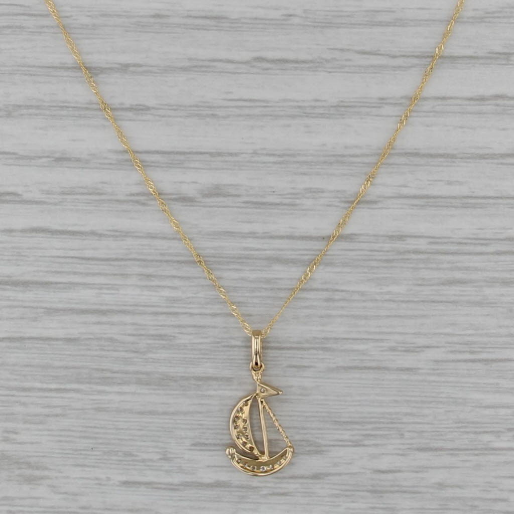 New 0.10ctw Diamond Sailboat Pendant Necklace 14k Gold 18" Singapore Chain