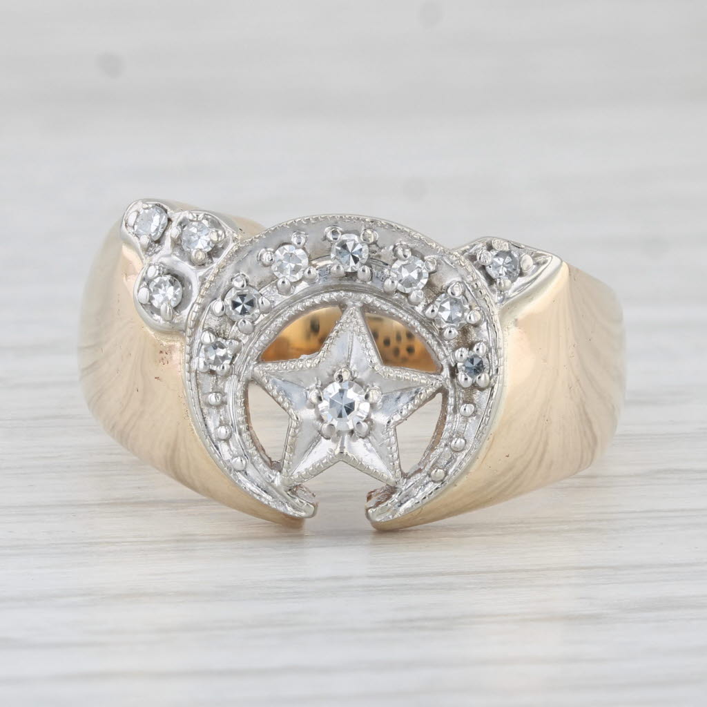 Light Gray 0.15ctw Diamond Shriners Signet Ring 10k Gold Sz 11.5 Masonic Crescent Scimitar