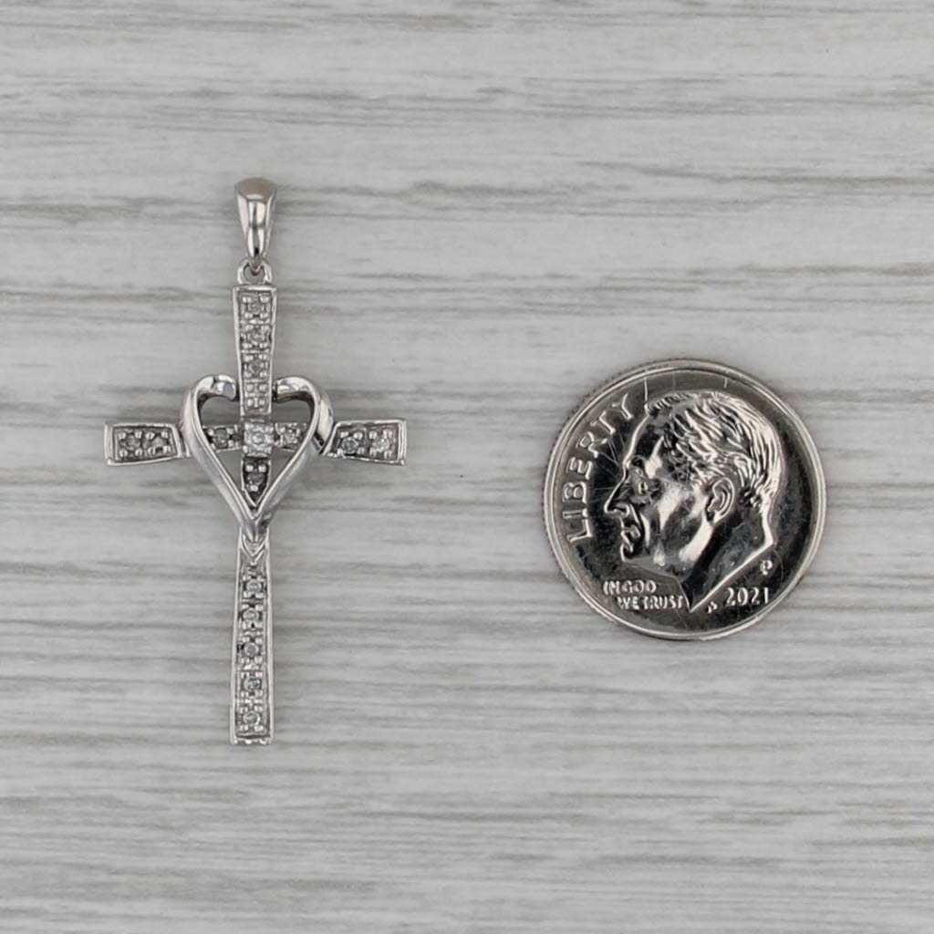 Diamond Heart Accented Cross Pendant 10k White Gold