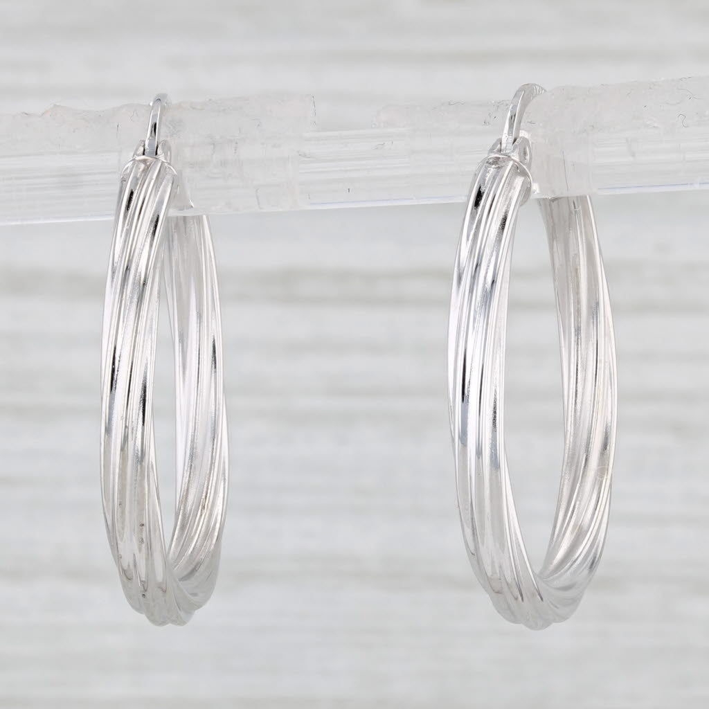 Light Gray Twist Woven Hoop Earrings 10k White Gold Snap Top Round Hoops