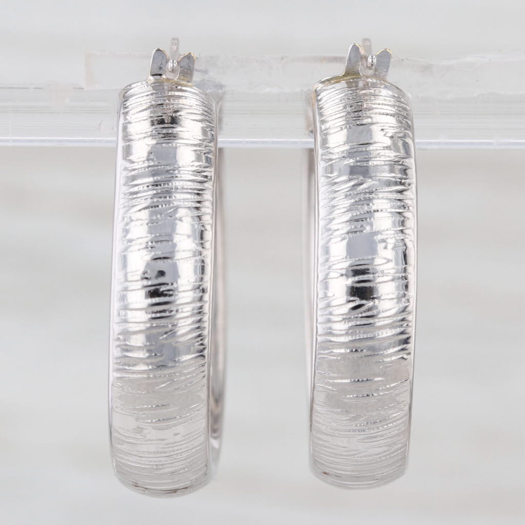 Etched Textured Hoop Earrings 18k White Gold Snap Top Round Hoops