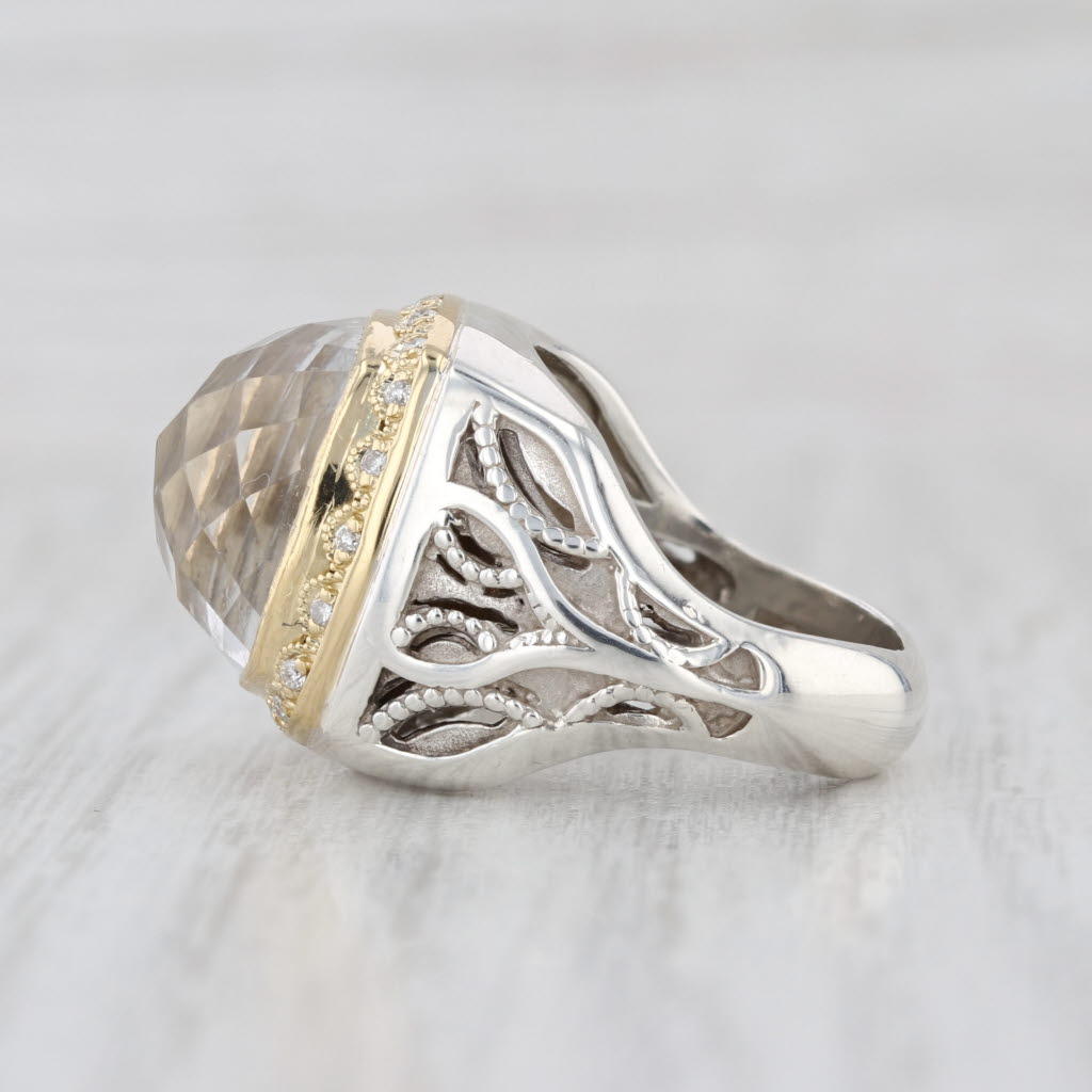 Tacori Quartz Diamond Halo Ring Sterling Silver 18k Gold Size 5 Ornate Cocktail