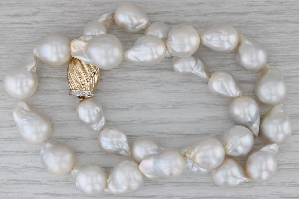 Dark Gray Cultured Baroque Pearl Strand Necklace 0.10ctw Diamond Clasp 14k Gold 18.5"