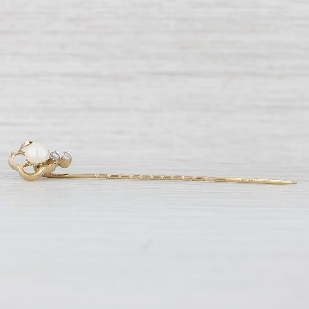 Light Gray Antique Cultured Pearl Diamond Stickpin 18k Pin 14k Top Yellow Gold