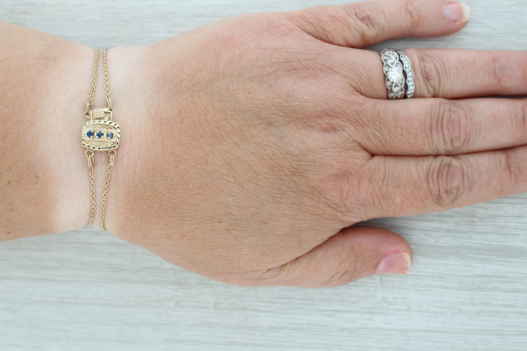 Tan 0.12ctw Sapphire Slide Charm Bracelet 14k Gold 6.5" Cable Chain Richard Glatter