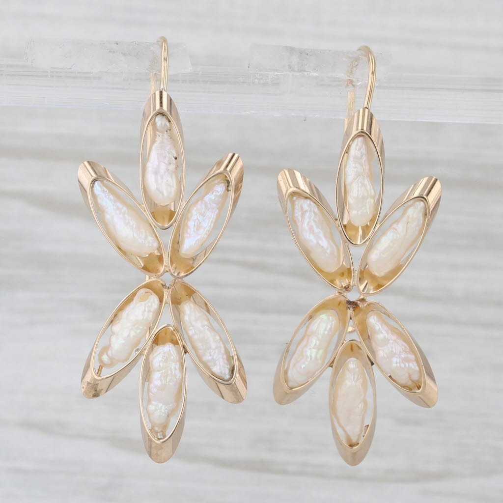 Light Gray Vintage Keshi Pearl Flower Earrings 14k Yellow Gold Hook Posts