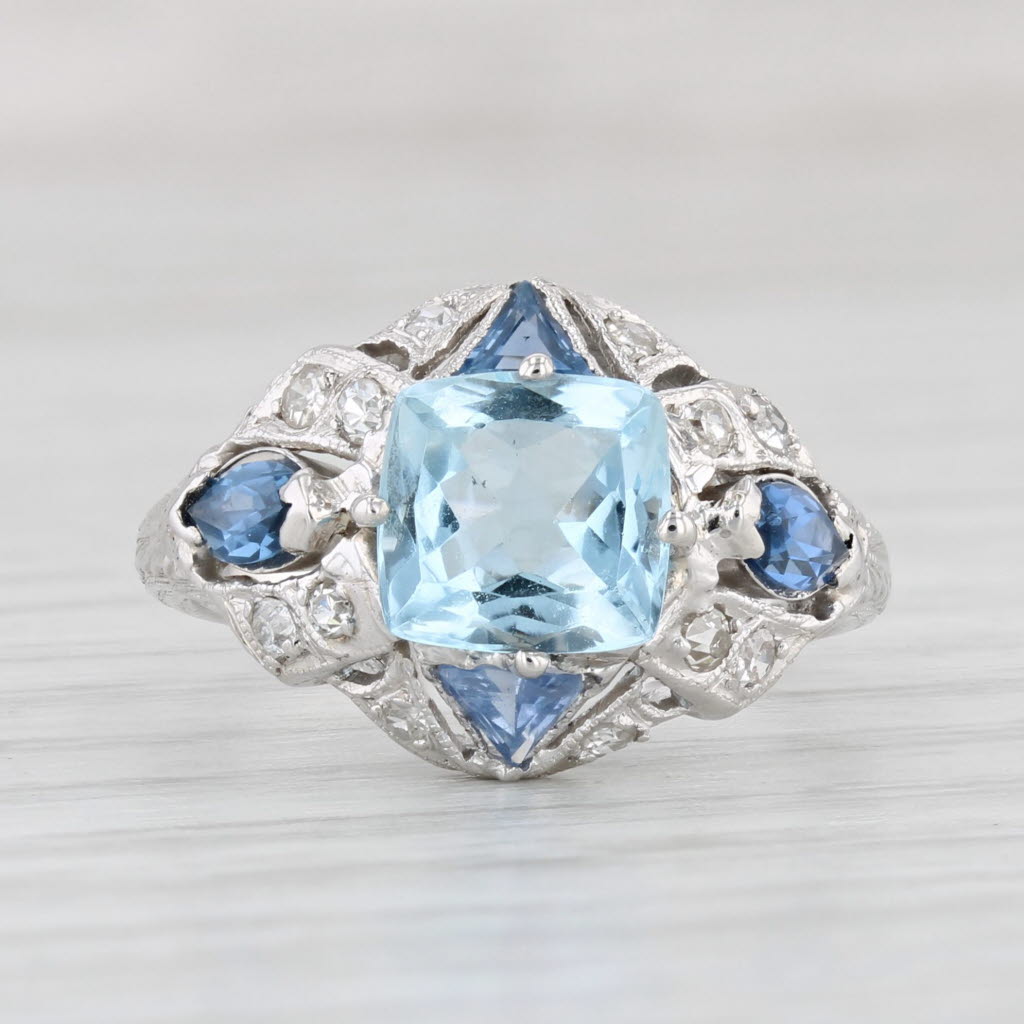 Light Gray Vintage 1.76ctw Aquamarine Diamond Lab Created Sapphire Ring Platinum Size 5.5