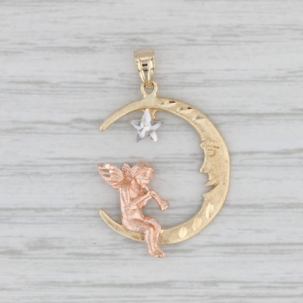 Light Gray Tri-Toned Crescent Moon Star Guardian Angel Pendant 14k Yellow White Rose