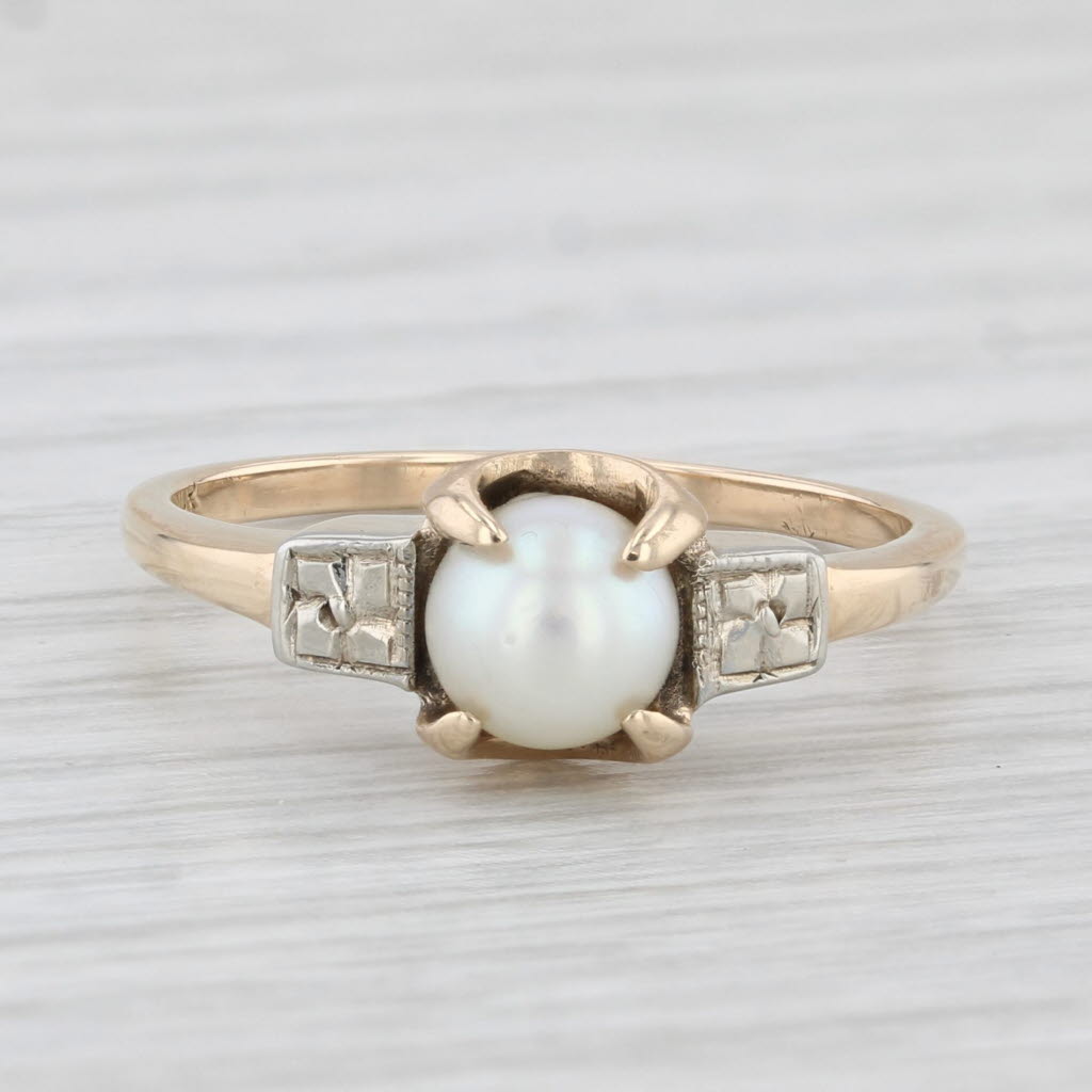 Light Gray Vintage Cultured Pearl Solitaire Ring 10k Yellow Gold Size 6
