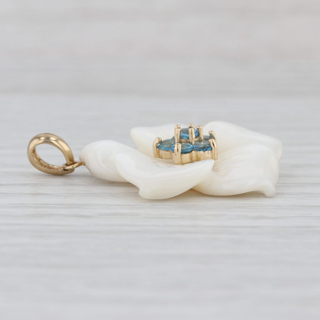 Mother of Pearl Aquamarine Flower Pendant 14k Yellow Gold Floral Jewelry