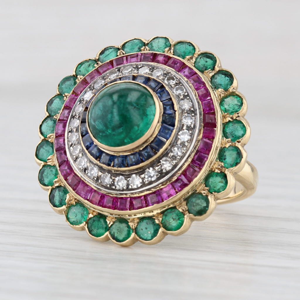 4.46ctw Gemstone Cocktail Ring 18k Gold Emerald Sapphire Ruby Diamond Size 5.75