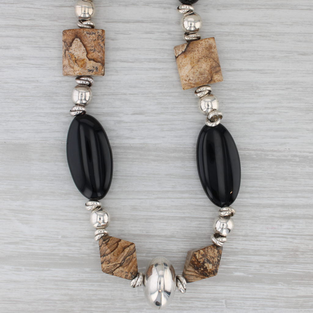 Gray Jasper Onyx Obsidian Bead Statement Necklace Sterling Silver 23" Toggle Clasp
