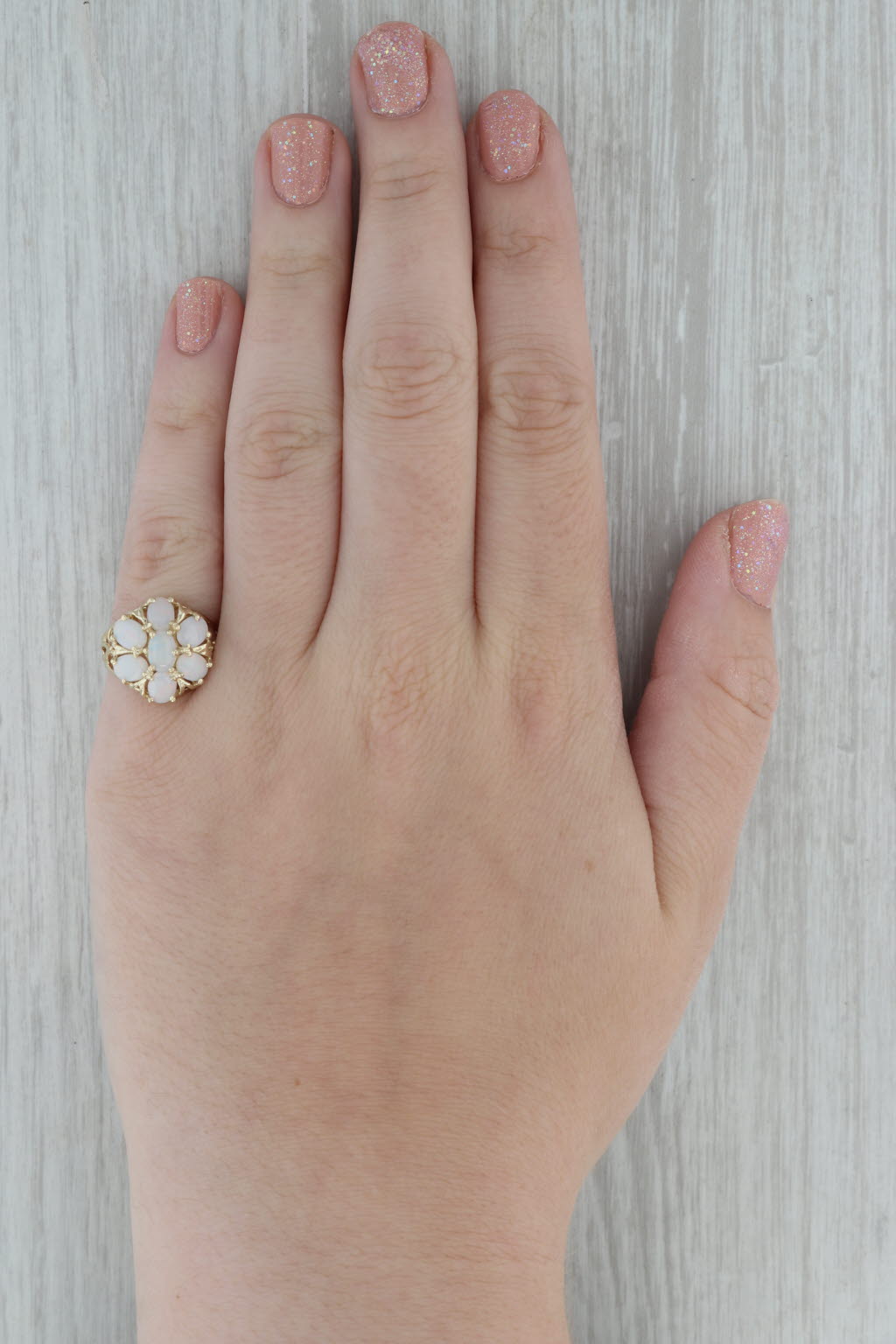 Dark Gray Opal Flower Cluster Ring 14k Yellow Gold Size 7