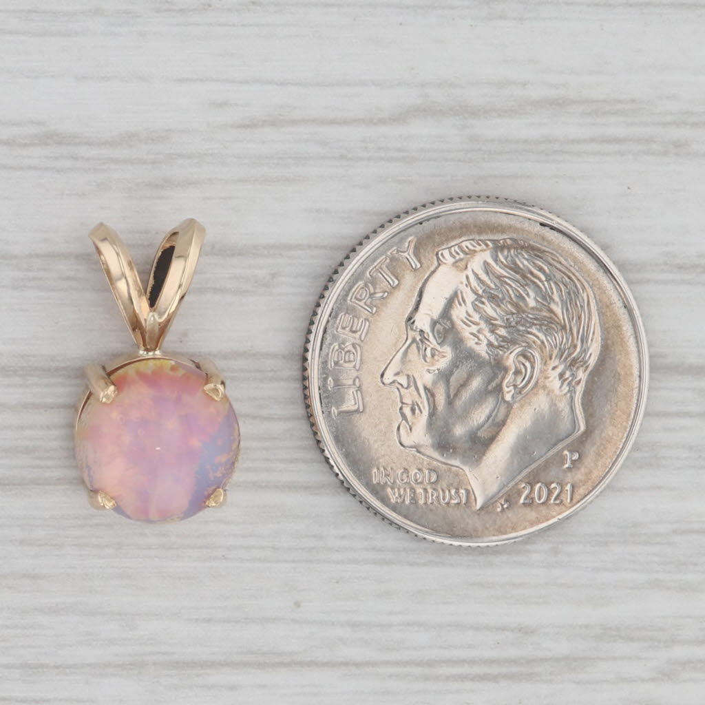 Gray Pink Glass Simulated Opal Small Drop Pendant 14k Yellow Gold Round Cabochon