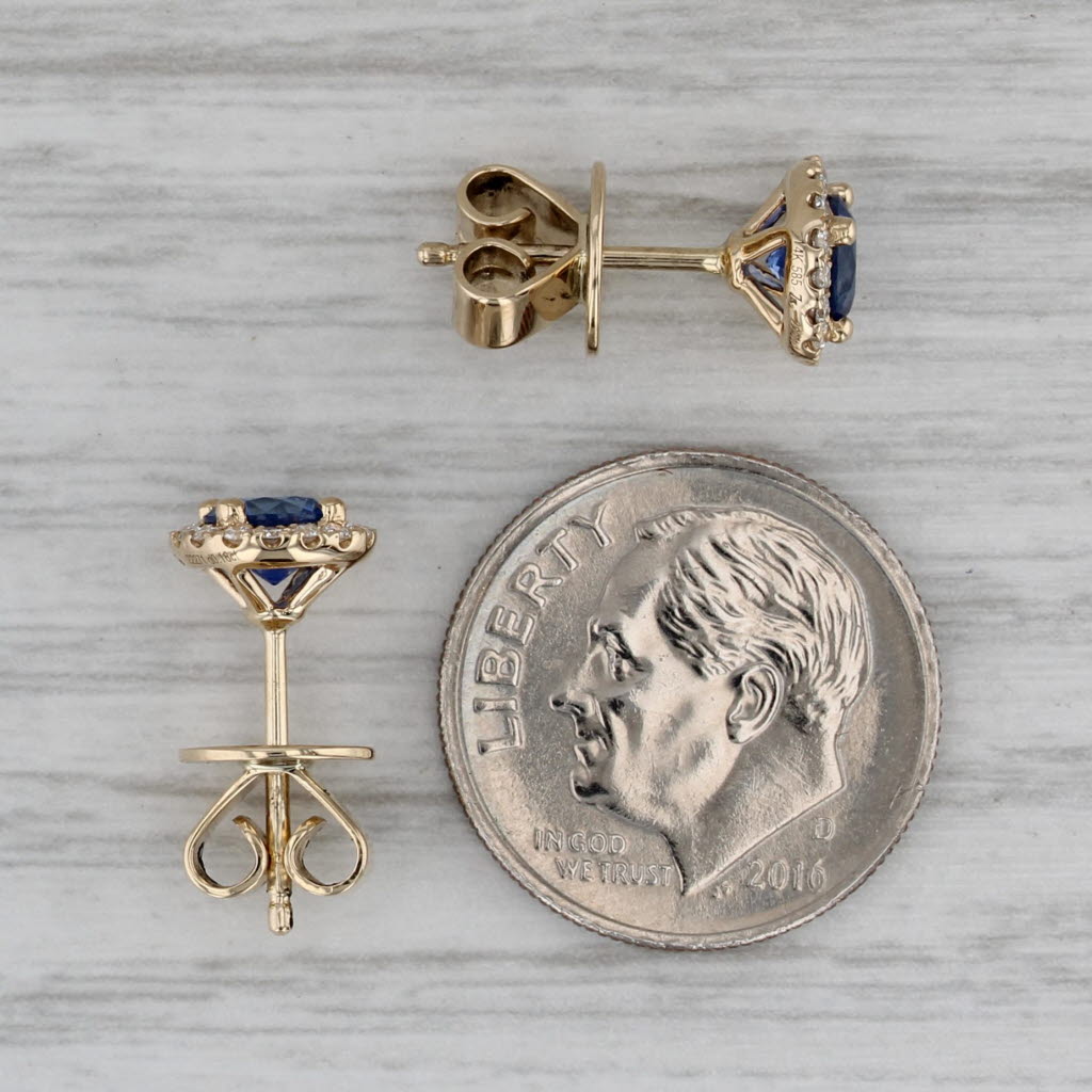 Dark Gray 1.30ctw Blue Sapphire Diamond Halo Stud Earrings 14k Yellow Gold Screw Back