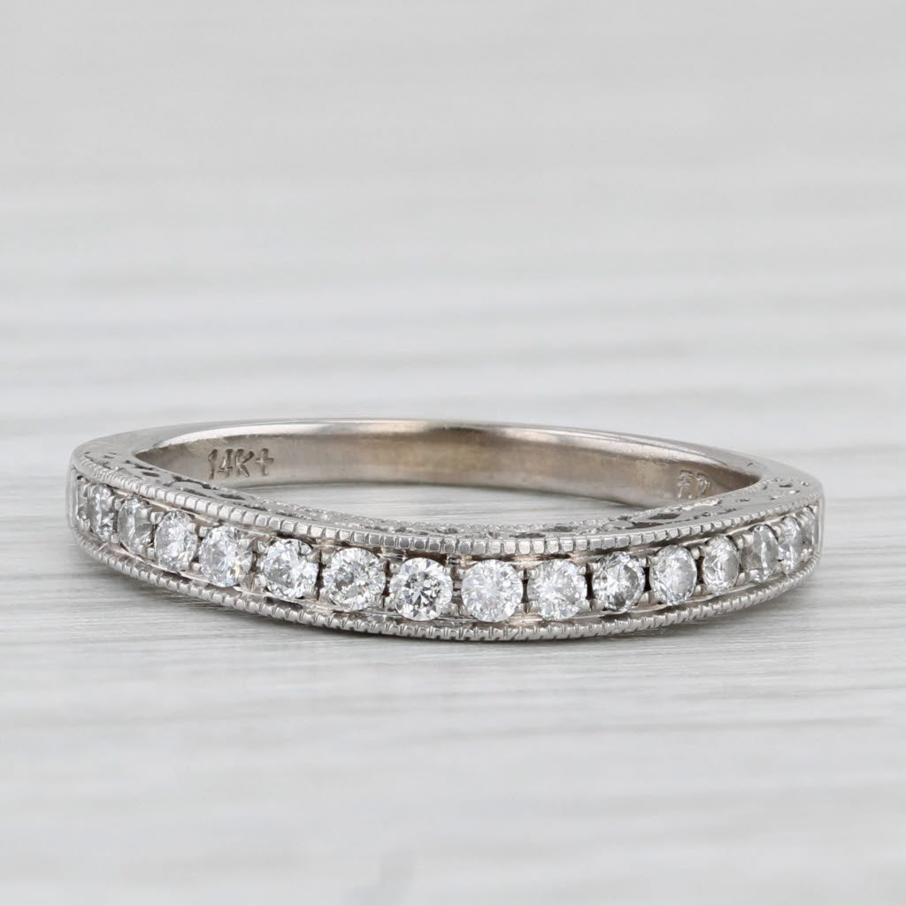 Light Gray Vintage Floral Accented 0.25ctw Diamond Wedding Band 14k Gold Stackable Ring
