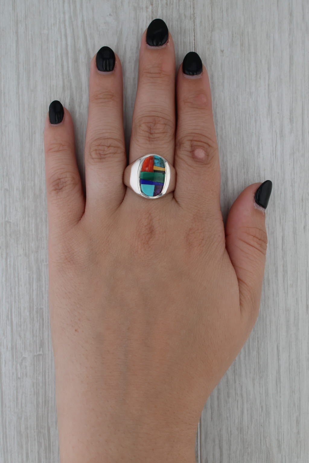 Vintage Native American Stone Mosaic Ring Sterling Silver Edison Yazzie Navajo