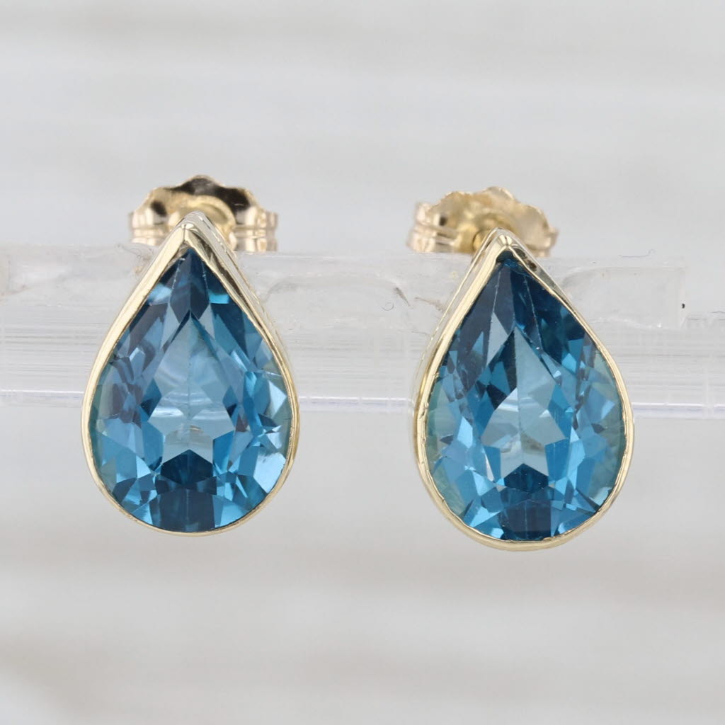 4.60ctw Blue Topaz Teardrop Stud Earrings 14k Yellow Gold Pear Solitaire Studs