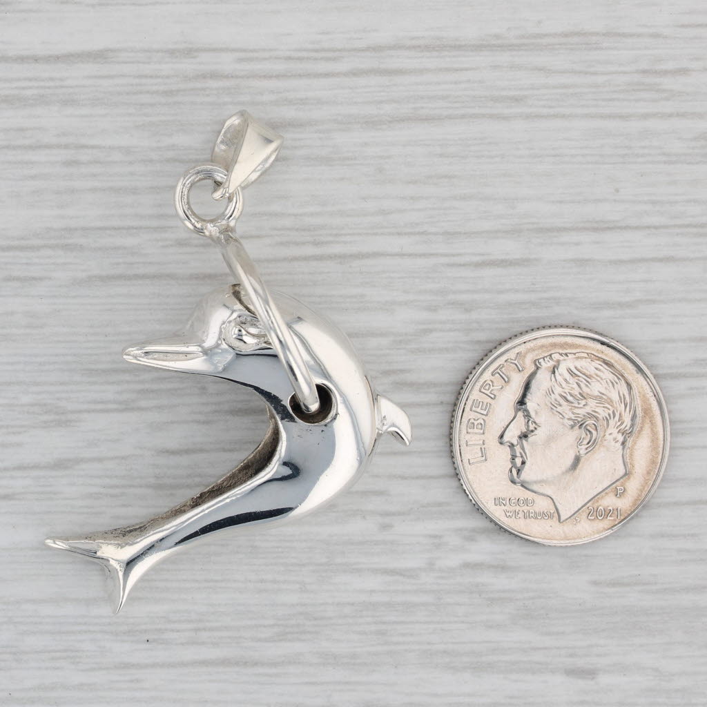 Gray Dolphin Through Hoop Statement Pendant Sterling Silver 3D Figural