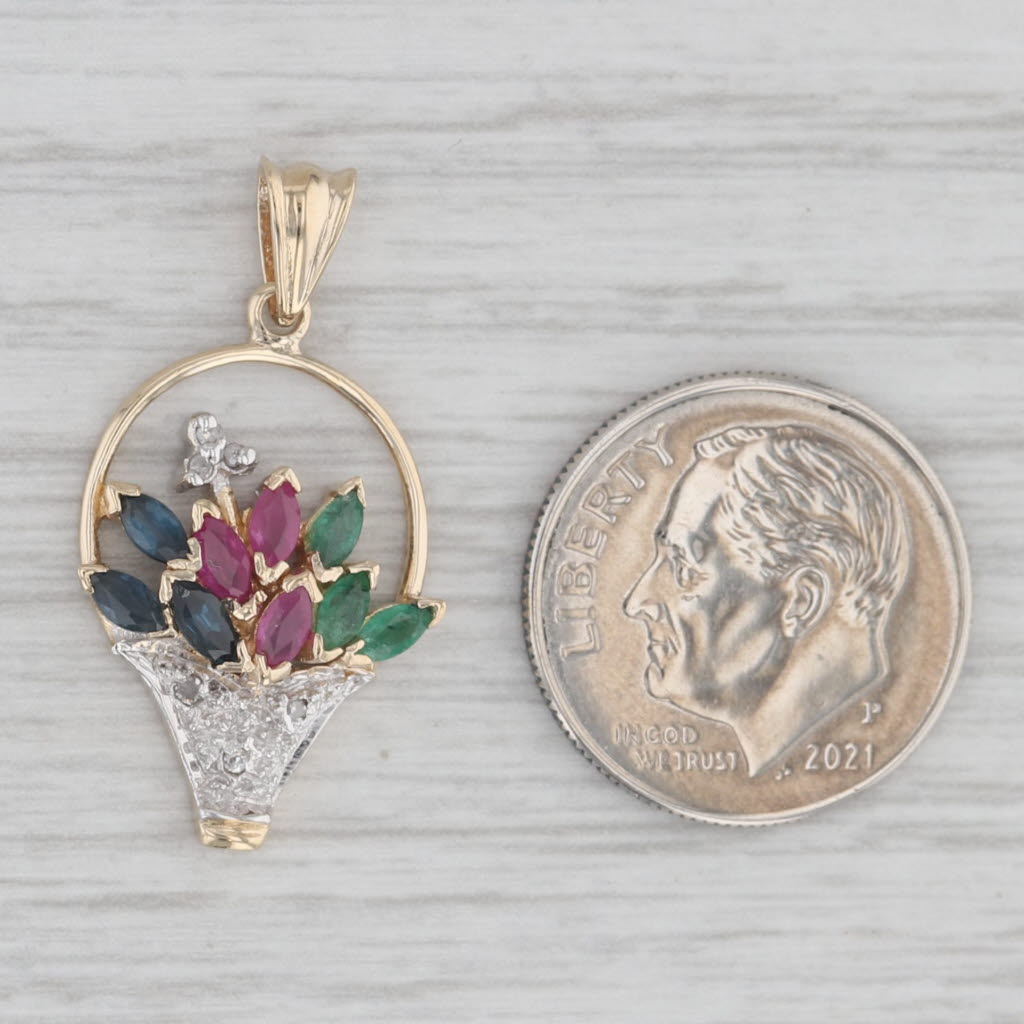 Gray 0.62ctw Gemstone Diamond Flower Basket Bouquet Pendant 14k Yellow Gold