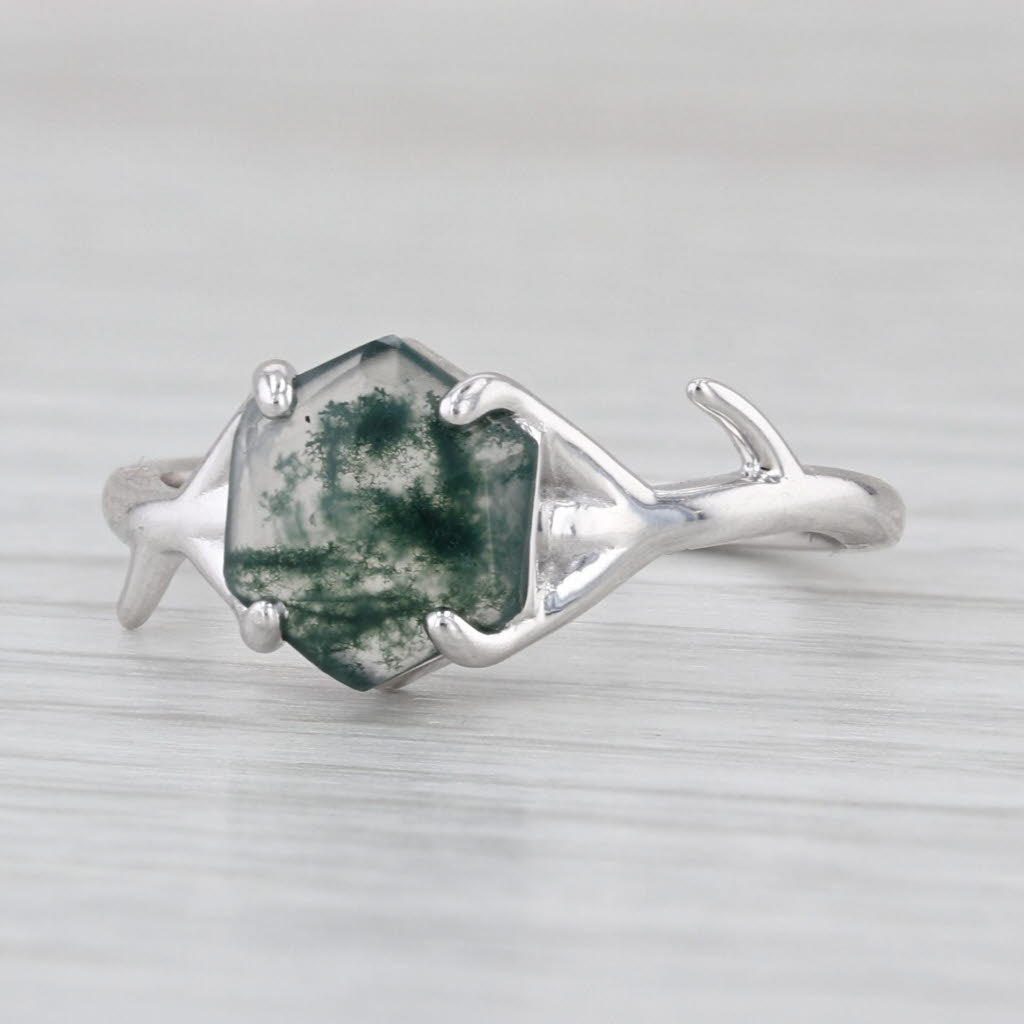 Green Moss Agate Solitaire Ring 14k White Gold Size 8