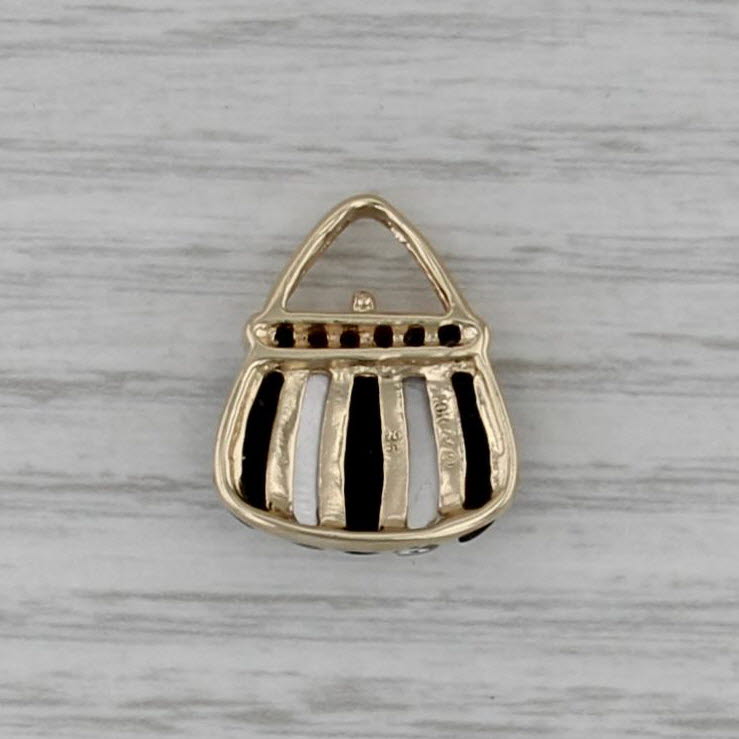 Onyx Mother of Pearl Diamond Purse Pendant 10k Yellow Gold Hand Bag Charm