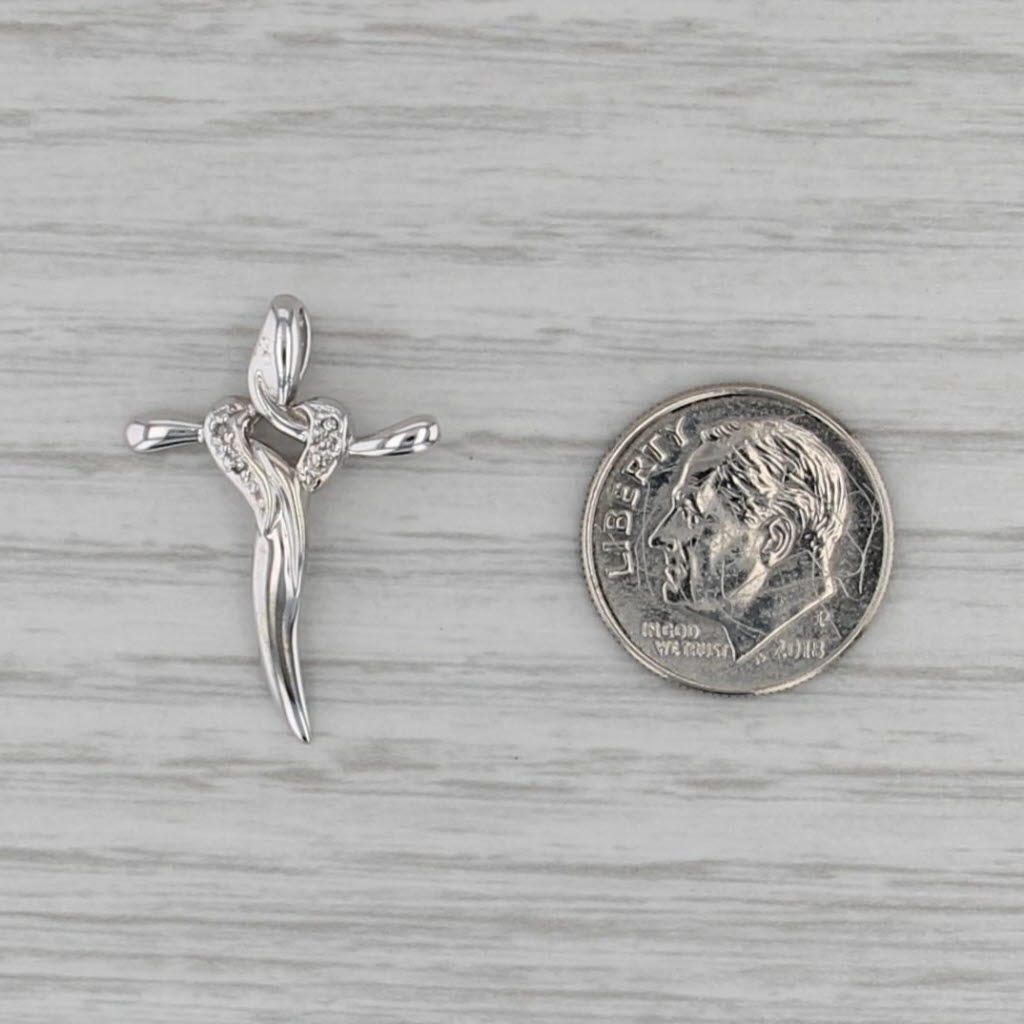 Diamond Accented Heart Cross Pendant 10k White Gold Small Drop