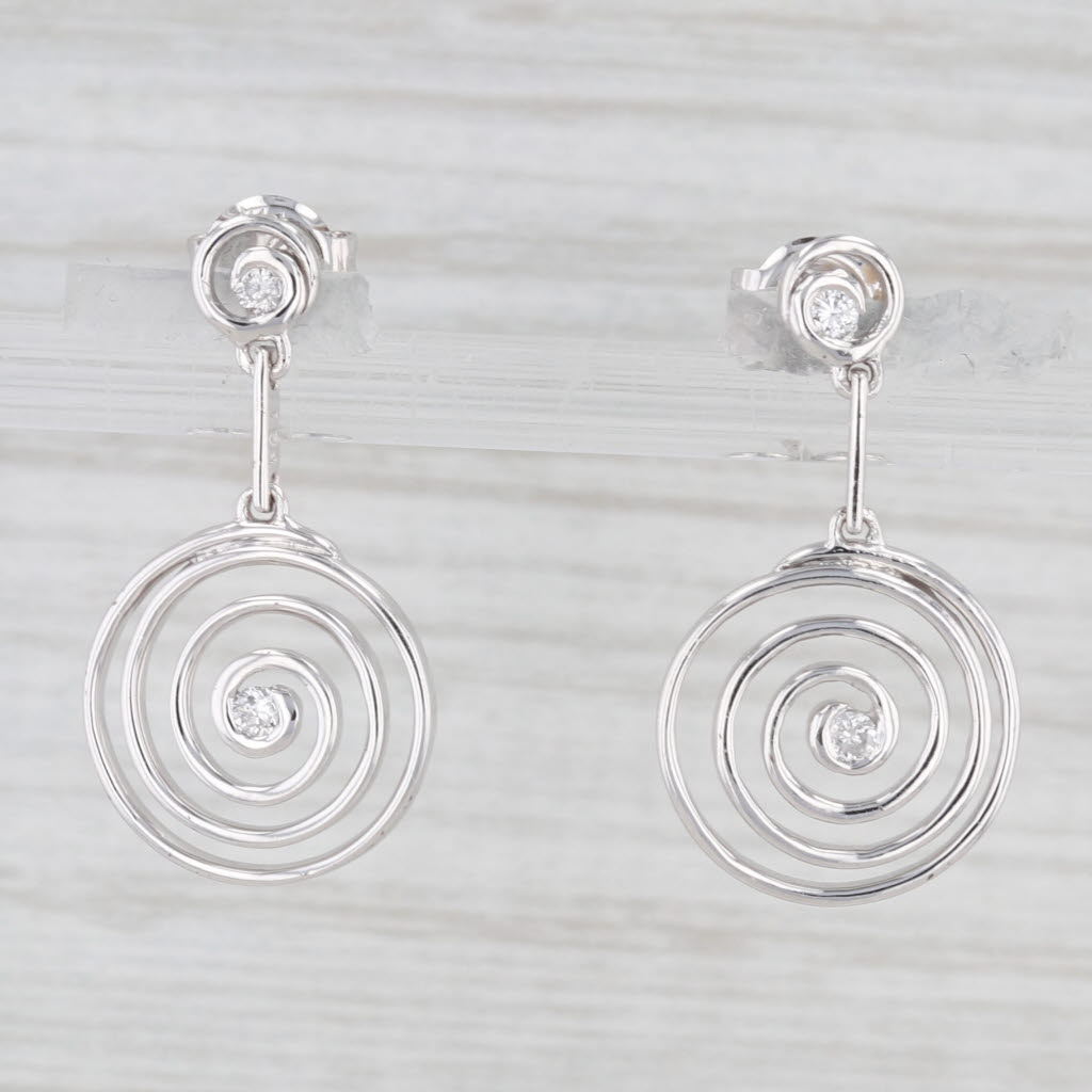 Light Gray Diamond Swirl Dangle Earrings 14k White Gold Pierced Drops