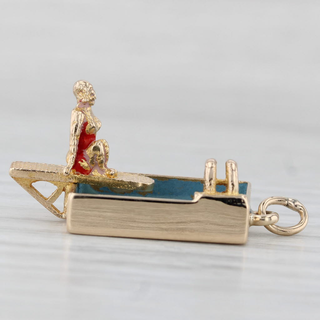 Light Gray Girl on Diving Board at Pool Charm 14k Yellow Gold Figural Vintage