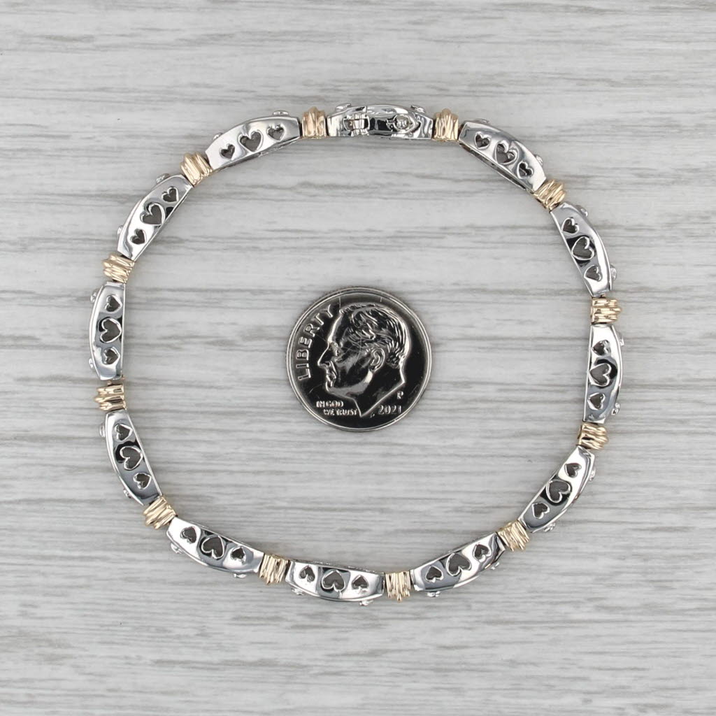 0.96ctw Diamond Tennis Bracelet 10k White Yellow Gold 7" 3.7mm Heart Accents