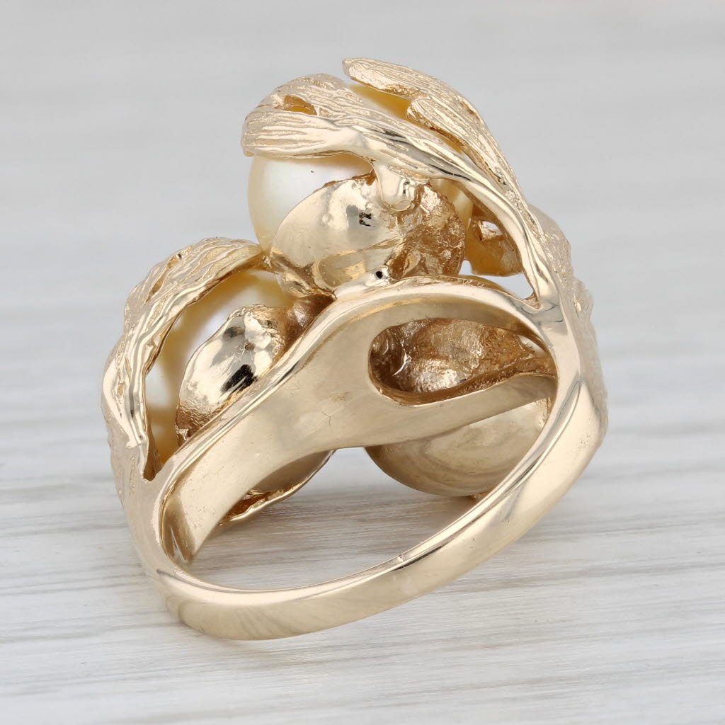 Gray Floral Cultured Pearl 3-Stone Cluster Diamond Ring 14k Yellow Gold Size 5